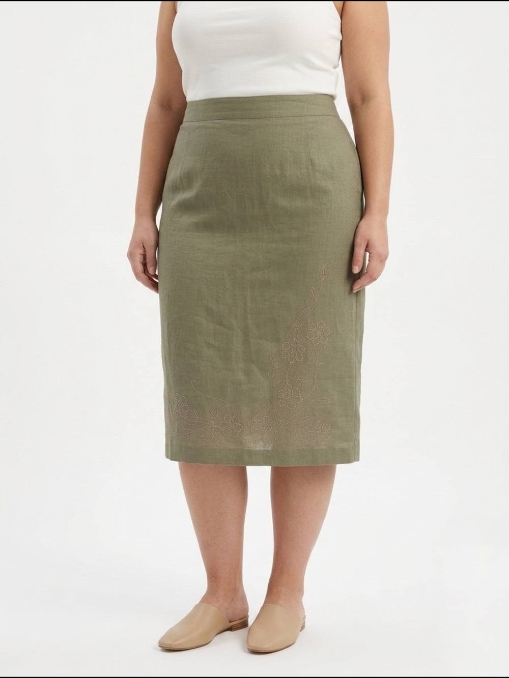 ENCORE 100% Linen Olive Green Midi Skirt Floral Embroidery Size 14